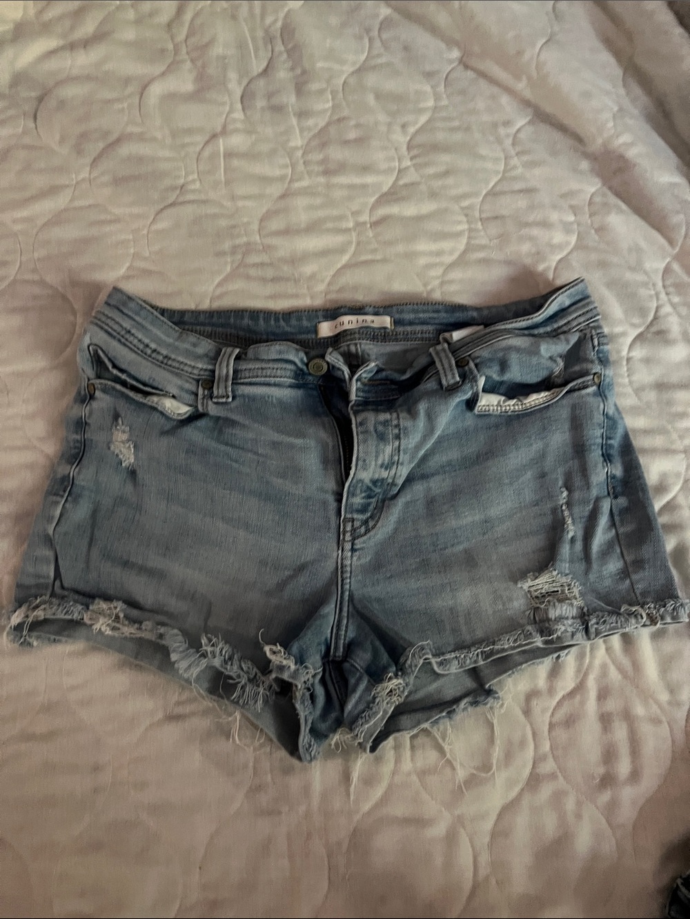 eunina Light Blue Distressed Denim Cutoff Shorts